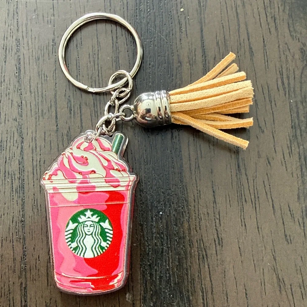 Starbucks inspired Pink Red and White Frappuccino Keychain with red tassle